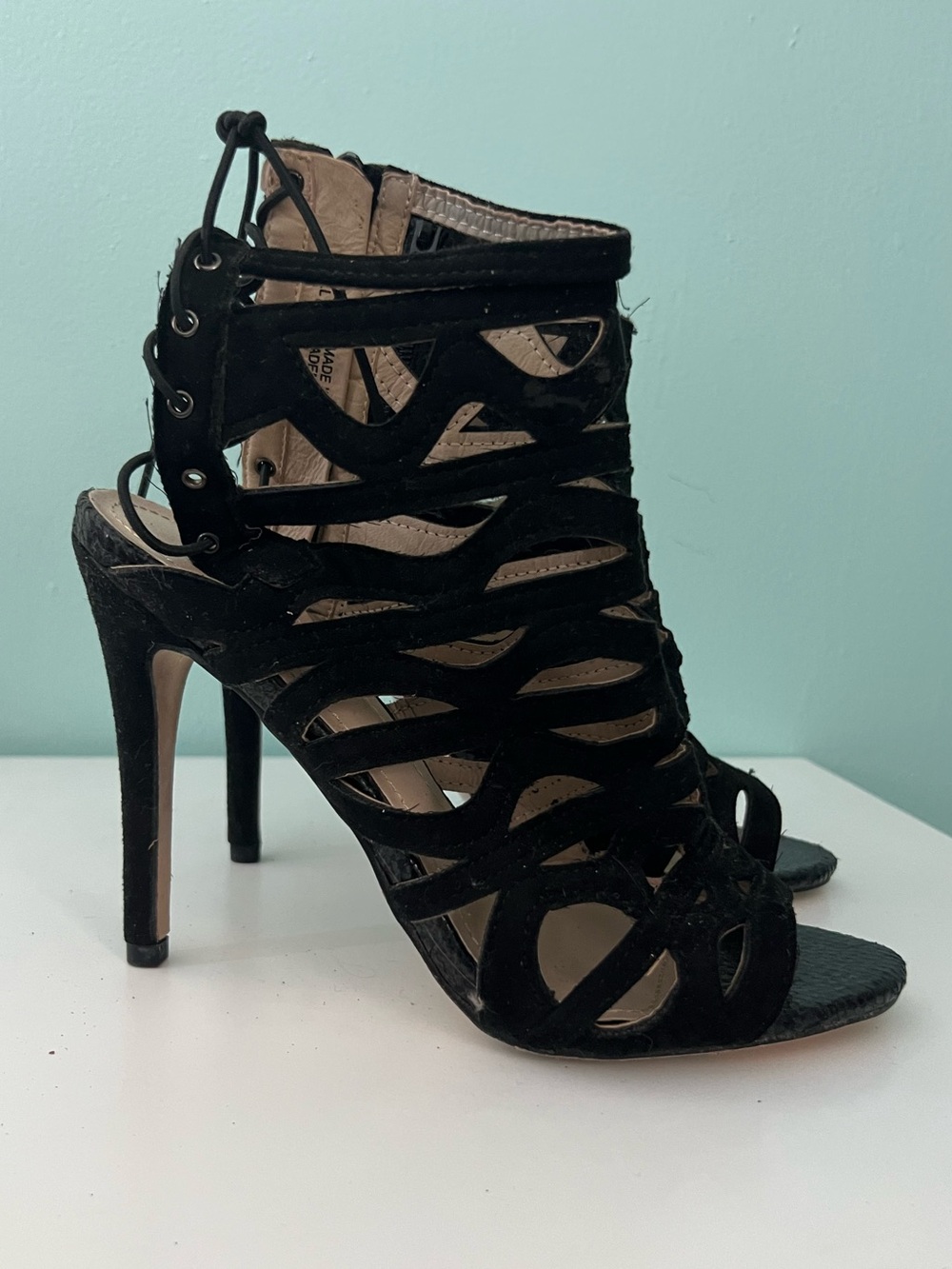 Catherine Malandrino Black Cutout Lace-Up Stiletto Heels
